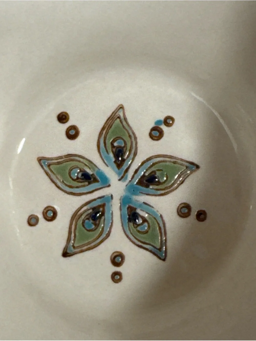 Pier 1 Turquoise Peacock Feather Ceramic Tea Cup with Brown Handle hand painted